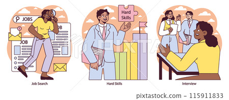 First Job journey set. Exploring job opportunities, mastering professional skills, and acing job interviews. The path to career success begins with one step. Vector illustration. 115911833