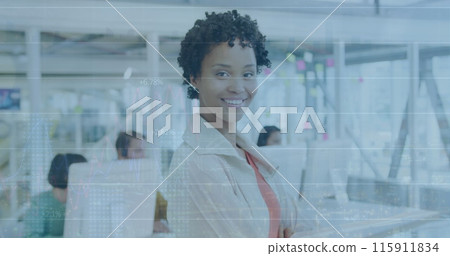 Image of financial data processing over biracial businesswoman in office Image of financial data processing over biracial businesswoman in office 115911834