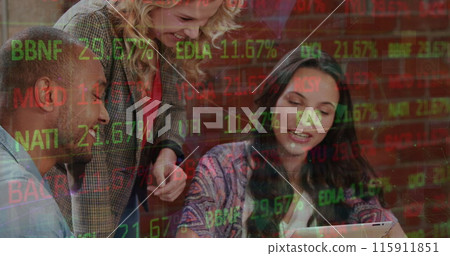 Image of stock market data processing over diverse colleagues discussing over digital tablet Image of stock market data processing over diverse colleagues discussing over digital tablet 115911851