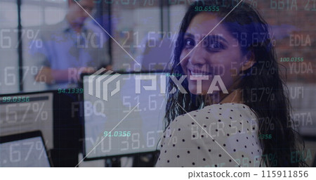 Image of stock market data processing over indian woman using computer at office Image of stock market data processing over indian woman using computer at office 115911856