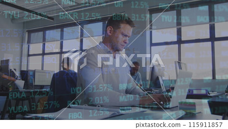 Image of stock market data processing over thoughtful caucasian man using laptop at office Image of stock market data processing over thoughtful caucasian man using laptop at office 115911857