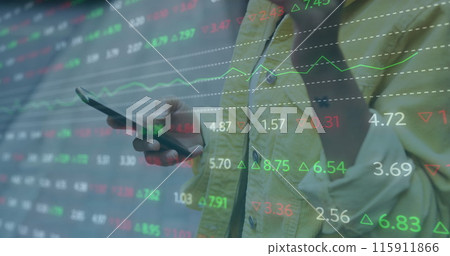 Image of financial data processing over businesswoman using smartphone Image of financial data processing over businesswoman using smartphone 115911866