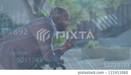 Image of financial data processing over businessman using smartphone Image of financial data processing over businessman using smartphone 115911868