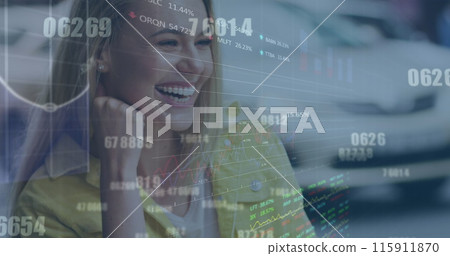 Image of financial data processing over businesswoman using smartphone 115911870