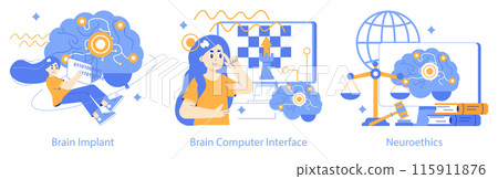 Neurotechnologies trio Visual exploration of brain implants, computer interfaces, and ethical guidelines in technology Engaging educational digital artwork Vector illustration 115911876