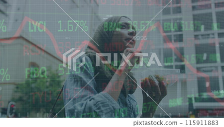 Image of financial data processing over woman using smartphone 115911883