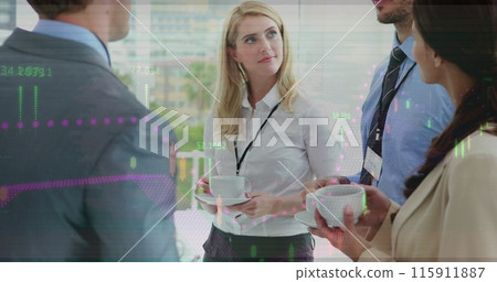 Image of financial data processing over diverse business people in office Image of financial data processing over diverse business people in office 115911887