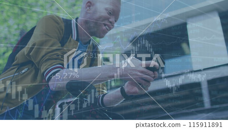 Image of financial data processing over man using smartphone 115911891