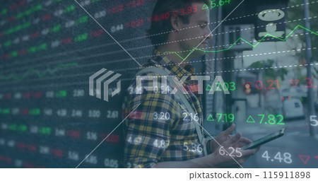 Image of financial data processing over businessman using smartphone 115911898