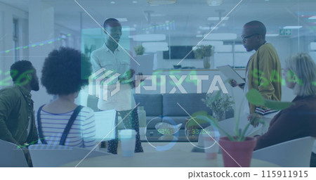 Image of statistics and financial data processing over diverse business people in office 115911915
