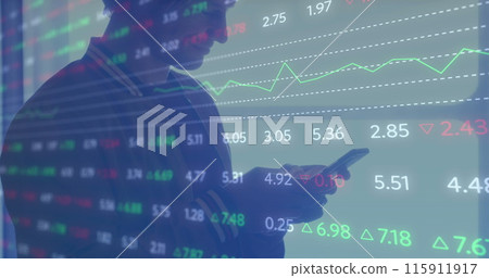 Image of financial data processing over businessman using smartphone Image of financial data processing over businessman using smartphone 115911917