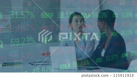 Image of statistics and financial data processing over diverse businesswomen in office Image of statistics and financial data processing over diverse businesswomen in office 115911918