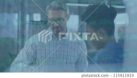 Image of statistics and financial data processing over diverse business people in office Image of statistics and financial data processing over diverse business people in office 115911919