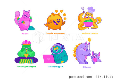 Monster Helpers set. Vibrant monsters showcasing pet care, financial wisdom, culinary arts, support services, and nurturing. Creative daily assistance. Vector illustration. Monster Helpers set. Vibrant monsters showcasing pet care, financial wisdom, culinary arts, support services, and nurturing. Creative daily assistance. Vector illustration. 115911945