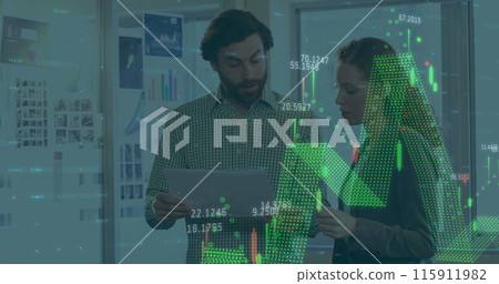 Image of financial data processing over caucasian man and woman discussing over a document 115911982