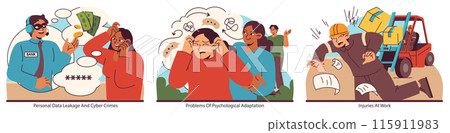 Modern struggles set. Illustrations portray cyber threats, psychological stress, and occupational hazards. A vivid portrayal of todays societal issues. Flat vector illustration. Modern struggles set. Illustrations portray cyber threats, psychological stress, and occupational hazards. A vivid portrayal of todays societal issues. Flat vector illustration. 115911983