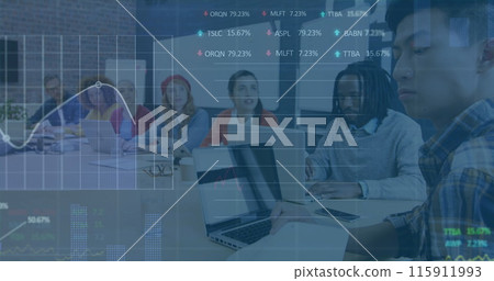 Image of stock market data processing over diverse colleagues having a meeting at office Image of stock market data processing over diverse colleagues having a meeting at office 115911993