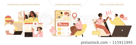 Cultural Exchange set. People engage in intercultural interaction through online learning, food sharing, and digital greeting. Virtual connection, education, and cuisine tradition Vector illustration. 115911995