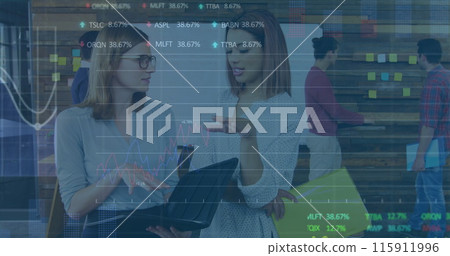 Image of stock market data processing over two diverse women discussing at office Image of stock market data processing over two diverse women discussing at office 115911996