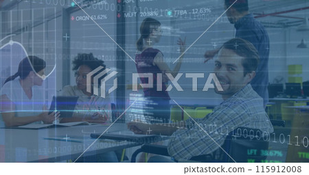 Image of financial data processing over caucasian disable man on wheelchair working at office 115912008