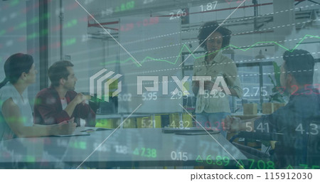 Image of financial data processing over african american woman giving a presentation at office 115912030