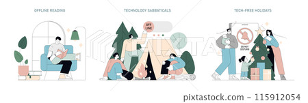 Digital Detox set. Escaping technology through offline reading, nature retreats, tech-free family holidays. Moments of serene disconnection. Vector illustration. 115912054