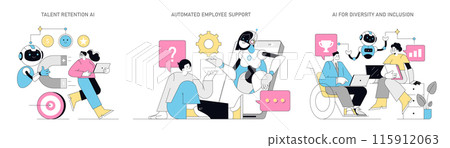 AI for HR set. AI integration in human resources management. Talent retention, automated support, diversity and inclusion. Vector illustration. 115912063