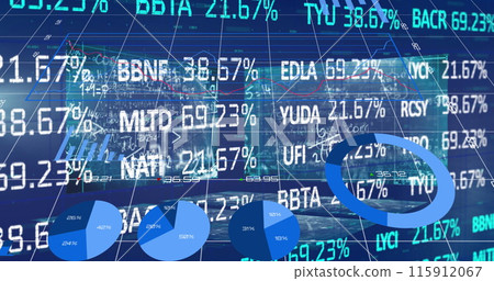 Image of financial data processing over mathematical equations on black background 115912067