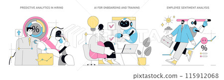 AI in HR set. Streamlining talent acquisition, employee onboarding and morale monitoring with AI. Innovative HR technology solutions. Vector illustration. AI in HR set. Streamlining talent acquisition, employee onboarding and morale monitoring with AI. Innovative HR technology solutions. Vector illustration. 115912068