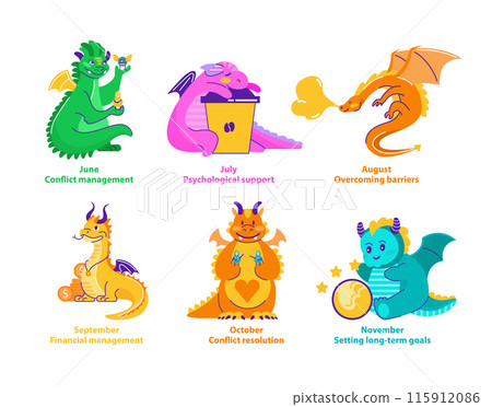 Dragon Helpers set. Animated dragons offer clever solutions for conflict, provide comfort, and inspire action. Vibrant guide for life s second half. Vector illustration. 115912086