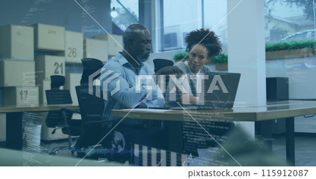 Image of financial data processing over diverse business people 115912087