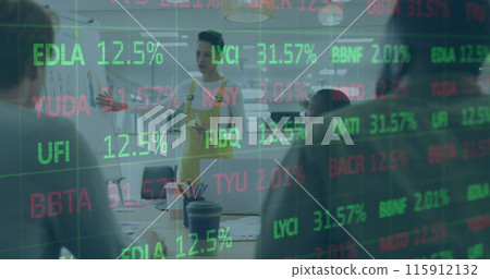 Image of stock market data processing over caucasian woman giving a presentation at office Image of stock market data processing over caucasian woman giving a presentation at office 115912132