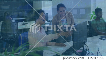 Image of stock market data processing over two diverse women discussing over computer at office 115912146