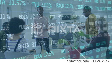 Image of financial data processing over diverse business people in office 115912147