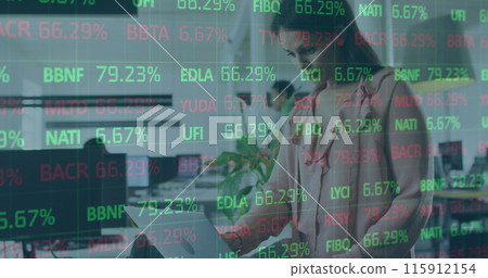 Image of stock market data processing over thoughtful caucasian woman using laptop at office 115912154