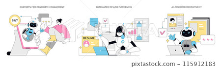 Futuristic Hiring set. Robots facilitate 24 7 candidate engagement, streamline resume screening, and lead AI-driven recruitment processes. Innovation in talent acquisition. Vector illustration 115912183