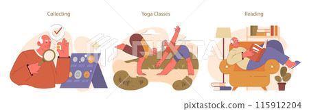Retirees' Activities set. Illustration captures seniors enjoying collecting, yoga, and reading, showcasing diverse interests and the pursuit of knowledge and wellness. 115912204