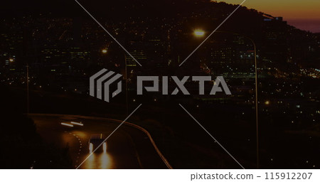 Image of round scanners and data processing against aerial view of city traffic at night Image of round scanners and data processing against aerial view of city traffic at night 115912207