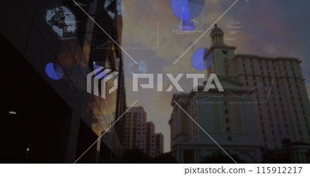 Image of globes, graphs, computer language over low angle view of buildings against cloudy sky 115912217