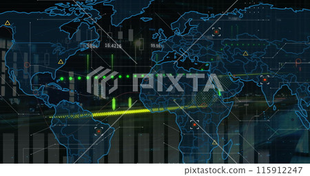 Image of world map and financial data processing against time-lapse of night city traffic 115912247
