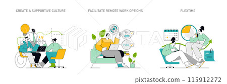 Employee Well-being concept. A collaborative team environment, remote work setup, and work-life balance with flextime. Nurturing employee satisfaction. Vector illustration. Employee Well-being concept. A collaborative team environment, remote work setup, and work-life balance with flextime. Nurturing employee satisfaction. Vector illustration. 115912272