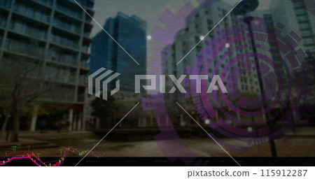 Image of financial data processing over cityscape Image of financial data processing over cityscape 115912287