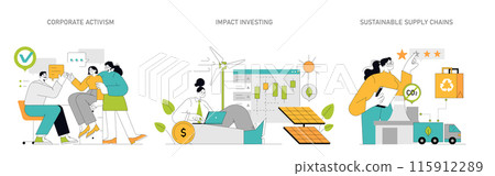 Sustainability and CSR set Corporate activism, ethical investment, and greener supply chains Promoting environmental care in business operations Vector illustration 115912289