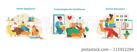 Senior tech engagement set. Comfort with home gadgets, healthcare monitoring and pursuing knowledge online. Fostering digital literacy among elderly. New knowledge in modern world. Vector illustration 115912294