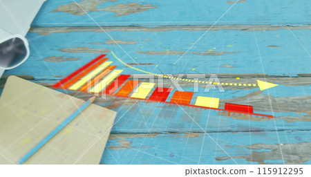 Image of statistical data processing over sunglasses, diary, laptop, coffee cup on wooden table 115912295
