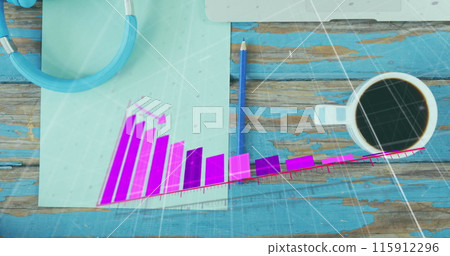 Image of statistical data processing against laptop, coffee cup and headphones on wooden surface Image of statistical data processing against laptop, coffee cup and headphones on wooden surface 115912296