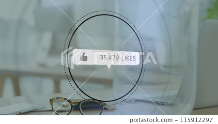 Image of like icon with increasing numbers on a speech bubble against office desk Image of like icon with increasing numbers on a speech bubble against office desk 115912297