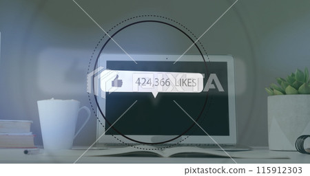 Image of like icon with increasing numbers on a speech bubble against laptop on office desk 115912303