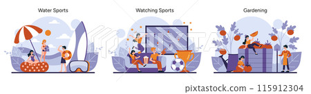 People's hobbies set. Beachgoers relishing water activities, fans enjoying a soccer match, gardeners nurturing plants. Each illustration captures the essence of the hobby. Vector illustration 115912304