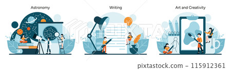 Creative Pursuits set. Stargazing, mapping constellations, astronomy study. Expressive writing, ideation with lightbulb moments. Diverse art forms channeling creativity. Flat vector 115912361